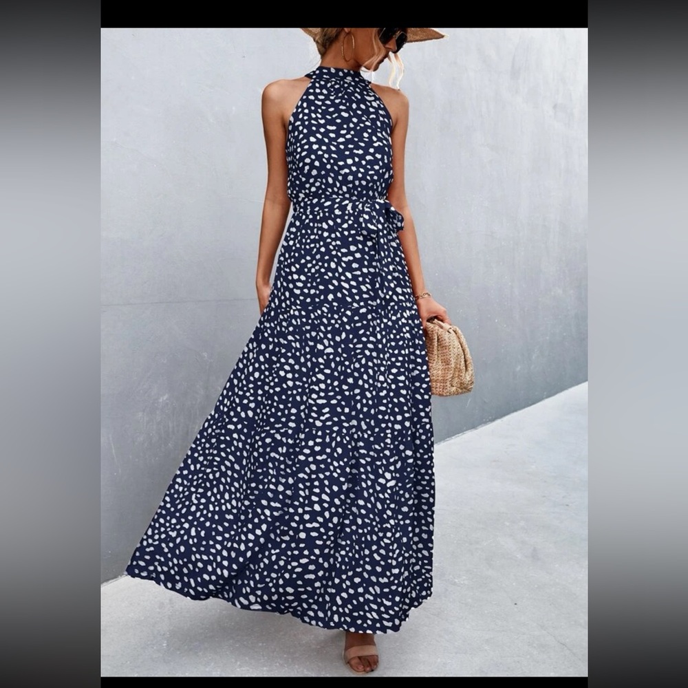 Dark blue and white print halter maxi dress